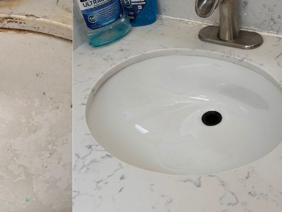 After: the same vanity and basin cleaned, with the stone top clear and the basin white.