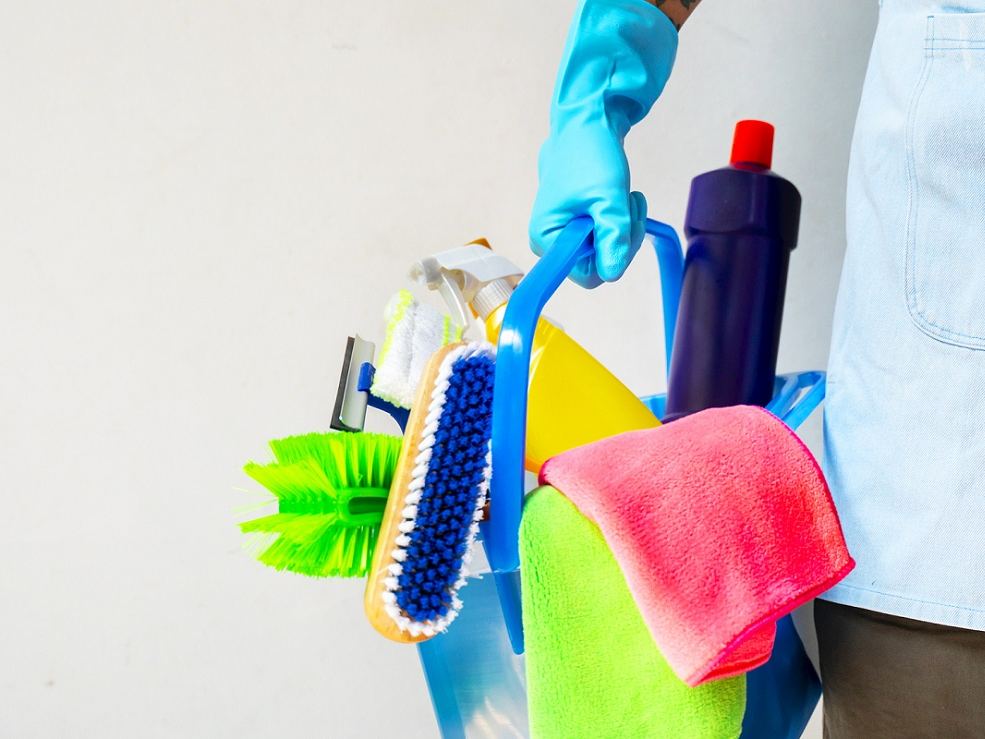 Cleaner carrying a caddy loaded with scrub brushes, cloths and spray bottles