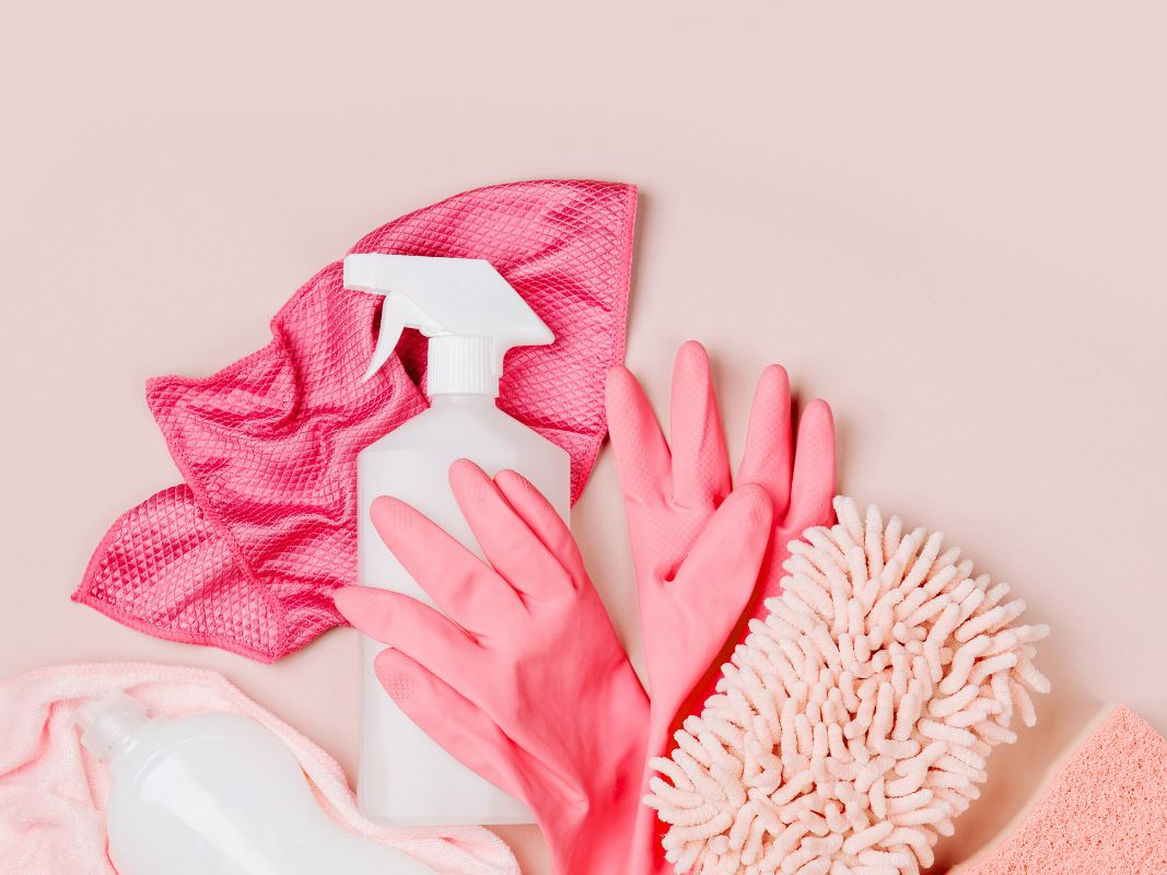 Spray bottle, rubber gloves, sponge and microfibre cloths laid out on a pink background